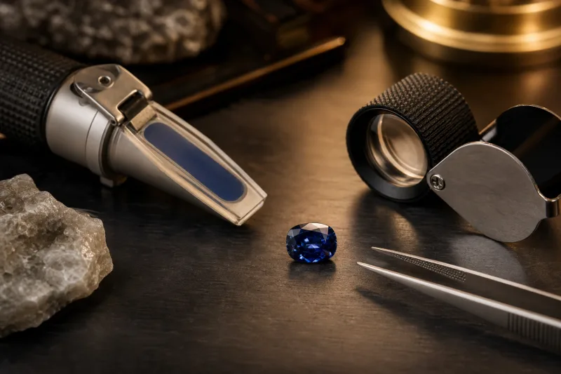Zaffiro blu esaminato con lente e strumenti gemmologici professionali